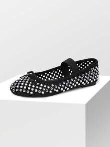 Women's Bow Knot Ballet Flat Mary Jane Round Toe Hot Diamond Hollow Out Upper Comfortable Fashionable All-Match Party Shine Dancing Flat Shoes - 黑色 - 查看 8