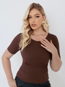 Women's Short Sleeve O-Neck Blouse In Ribbed Knit Basic Casual Comfortable - 棕色的 - 查看 3