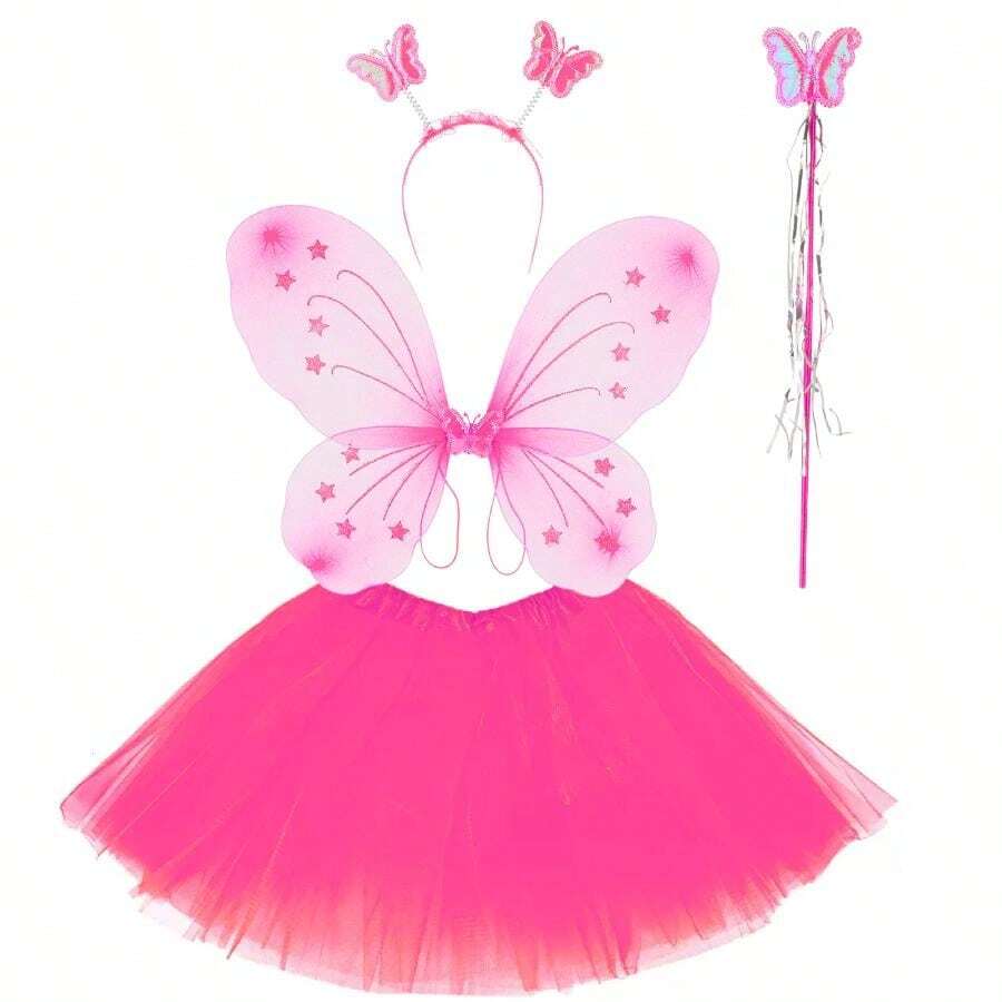 Fairy Butterfly Wing Costume With LED Complete For Children - Carnival Party. - 4pc Set Plain Tulle PINK - View 1