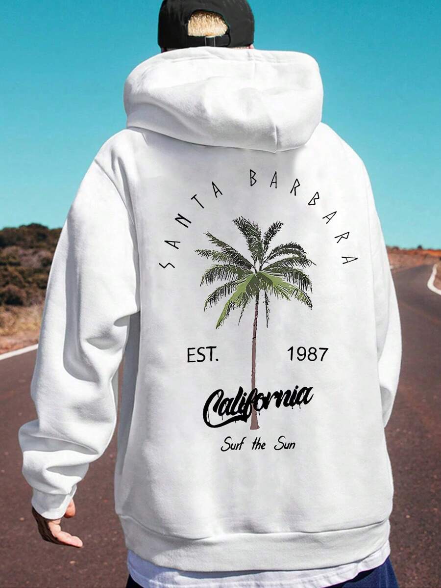 Áo nỉ có mũ trùm đầu in hình cây dừa, phong cách đường phố thường ngày dành cho nam, trở lại trường, mùa thu/đông