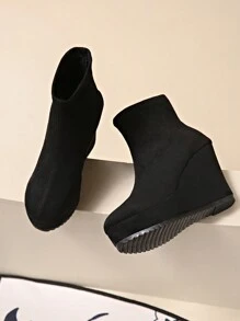 Women's Casual Suede Chunky Heel Slip-On Ankle Boots, Black - Black - View 2