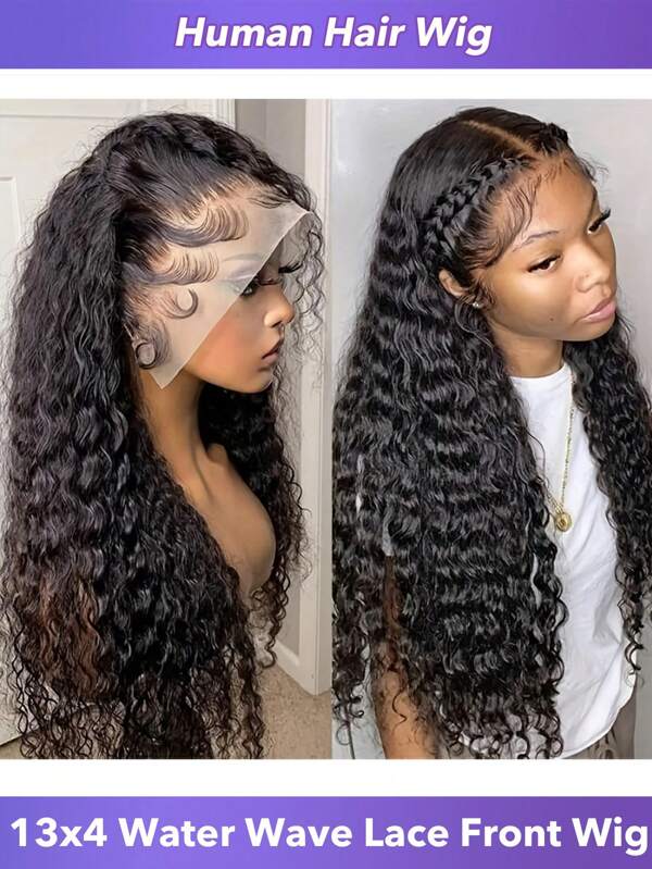Peruca de renda frontal com onda d'água 13x4, pré-arrancada, cabelo humano, cacheado, 20-32 polegadas, renda frontal transparente, densidade de 150% para mulheres, cor natural