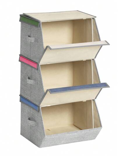  SONGMICS Caja Almacenaje Tela Infantil, Caja Organizadora Plegable, Juego de 3, Apilables con Asas, Tapa Magnética, para Habitación de Niños, Conejo Gato León, Rosa, Azul, Verde y Gris