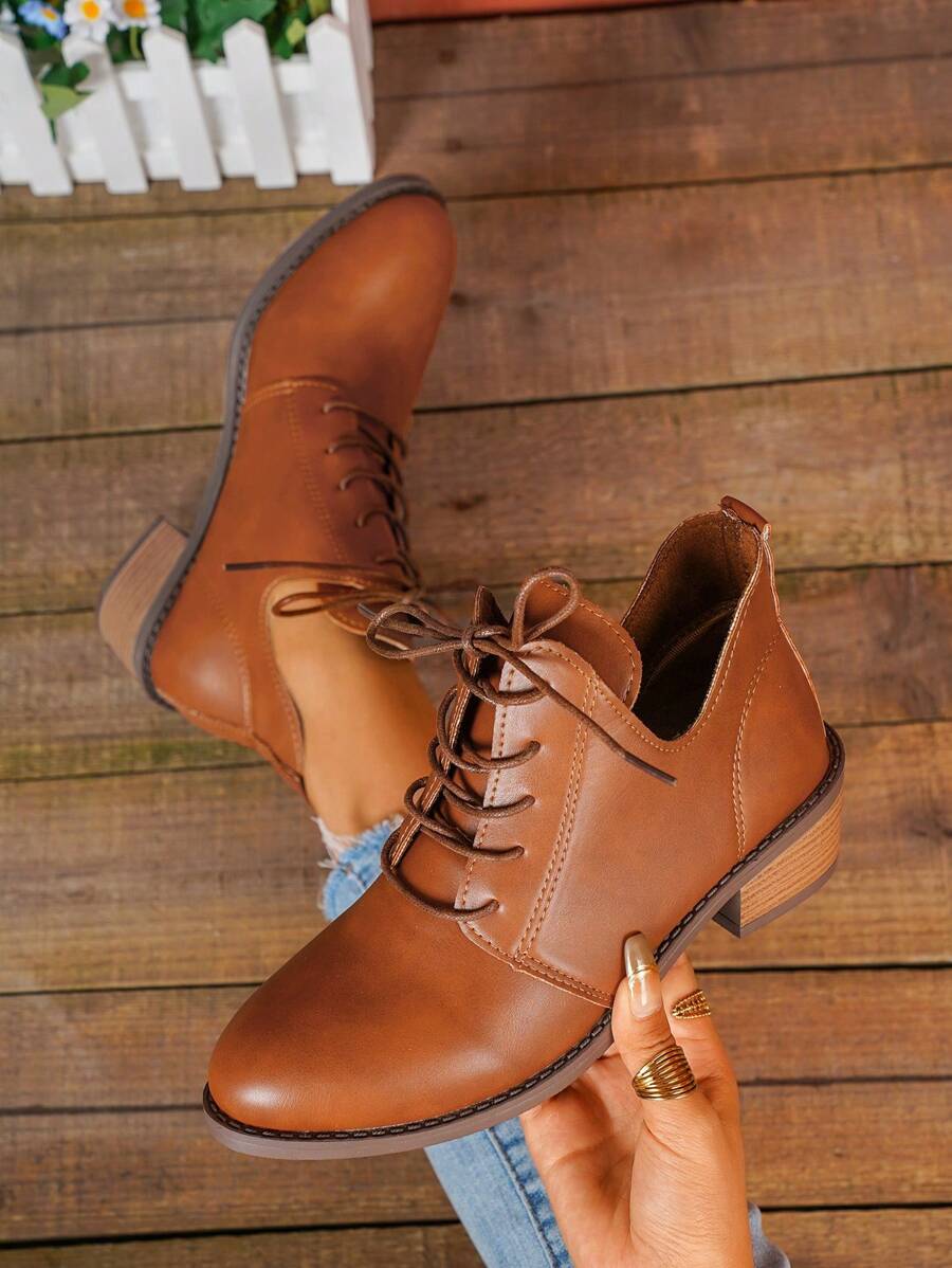 女士踝靴，新款秋冬棕色靴子，厚底系带鞋，英伦风靴子，保暖内衬，时尚女士靴子