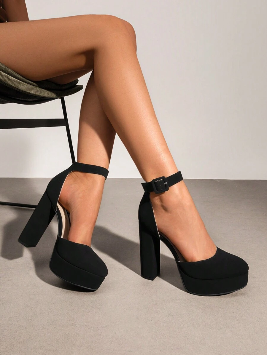 Women's High Chunky Heels Pumps Elegant Solid Color Platform Ankle Strap Dress Round Closed Toe Wedding Party Fashionable Comfortable Shoes - ĐEN/NUBUCK - Xem 1