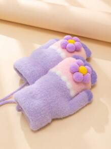 2pcs/Set 1-3 Years Old Kids Cartoon Flower Thickened Warm Full Finger Gloves, Winter