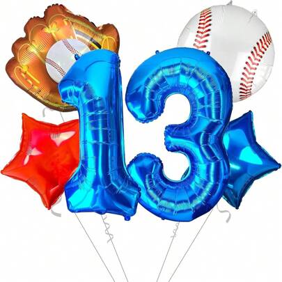 1 set de decoraciones para fiesta con tema de béisbol, que incluye guante de béisbol, globos de papel de aluminio en diseños rojos, blancos, azules y con estrellas, adecuado para fiesta de cumpleaños con tema de béisbol para niños de 5 a 13 años