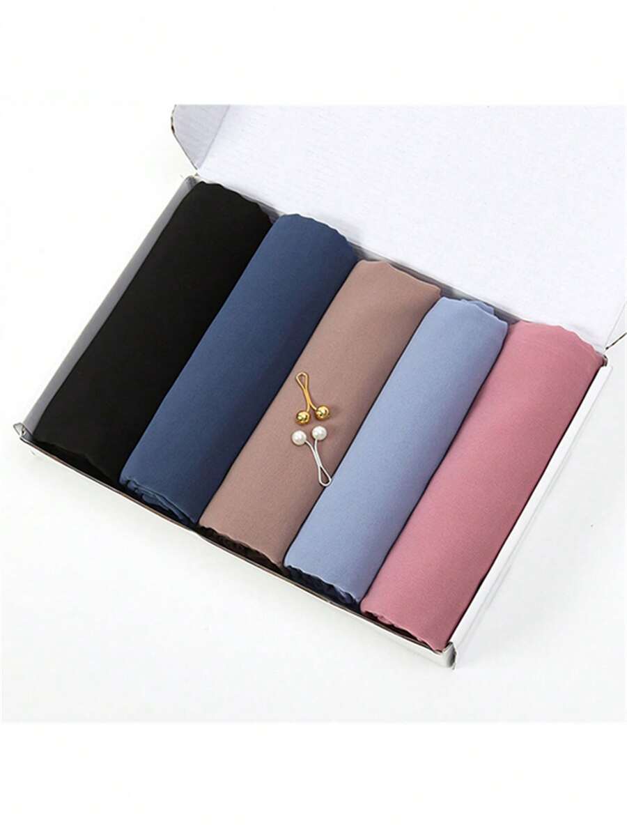1 hộp Bộ khăn trùm đầu bằng vải voan trơn màu dành cho nữ, khăn trùm đầu (5 khăn trùm đầu + 2 kẹp tóc) - Nhiều màu - Xem 1
