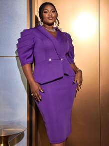 Plus Size Lapel Puff Sleeve Bodycon Formal Commuter Work Dress - Purple - View 7