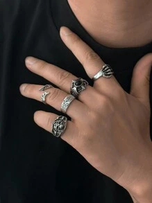 Bộ 5 nhẫn mặt đầu lâu phong cách Gothic, trang sức Hip Hop thời trang đường phố dành cho nam - Màu Bạc Cổ - Xem 1