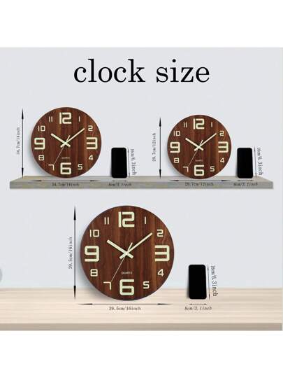 1pc Wooden Wand Clock, Round Silent Quartz Movement, Moderne Day/Night Luminous Home Living Room Bedroom Kitchen Office, Optional Klok Faces Butterfly/Simplicity/Retro Requires AA Battery (Not Included) view 3