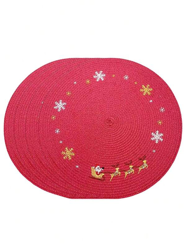 2/4/6 pezzi Tovagliette rotonde natalizie, design a fiocco di neve, materiale PP da 15", decorazione invernale, Babbo Natale e slitta di renne, perfette per la decorazione della tavola da pranzo in cucina al chiuso a Natale