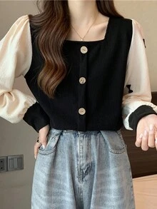 女士时尚纯色长袖纽扣领衬衫，长袖休闲黑色上衣，春季款 - 黑色 - 查看 4