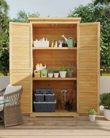 Lofka Outdoor Furniture Outdoor Storage Cabinet, Wooden Garden Herramientas Tools Shed, With 3 Shelves, Double Lockable, Waterproof Roof, Outside Utility Tall Herramientas Tools Organizer, Outside Vertical Tall Herramientas Tools Shed For Yard Garden/Patio/Lawn/Deck - 黃色 - 查看 2