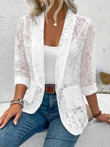 Lace Hollowed-Out Casual Suit Jacket With Solid Color Lapel - 白色 - 查看 3