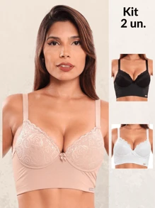 Kit 2 Bras With Soft Comfort Cups And Wide, Adjustable Straps Comfortable Lace Detail Triple Clasp Lightweight Casual Fashion Premium Sewing - 彩色 - 查看 1