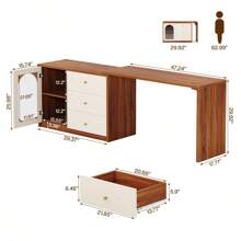LITTLE TREE Modern Makeup Vanity With 3 Drawers And Cabinet, Retractable Large Makeup Corner Dressing Table For Bedroom, Living Room - Óc chó + Trắng - Xem 9