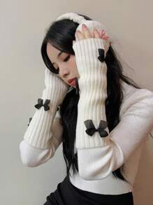 ROMWE Kawaii 1 Pair Fashion Casual Y2k Bowknot Fingerless Gloves Arm Warmer Glove, Jk Knitted Fingerless Gloves For Night Out, Party Halloween Cold Gloves Y2k Valentine's Day Valentines - Multicolor - View 2