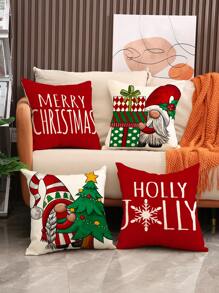 1 件/4 件，冬季红色雪人与圣诞老人字母印花亚麻抱枕套，18*18 英寸/45 X 45 厘米装饰枕套，无枕芯