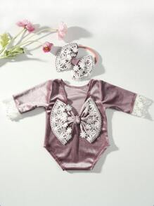 Bộ 2 bộ đồ liền thân nhung viền ren và băng đô cho trẻ sơ sinh, trang phục nơ cho bé, quần áo chụp ảnh cho bé gái, quà tặng trang trí gia đình tiệc mừng em bé, quà tặng lễ Phục sinh cho bé gái/bé trai - Nhiều màu - Xem 4