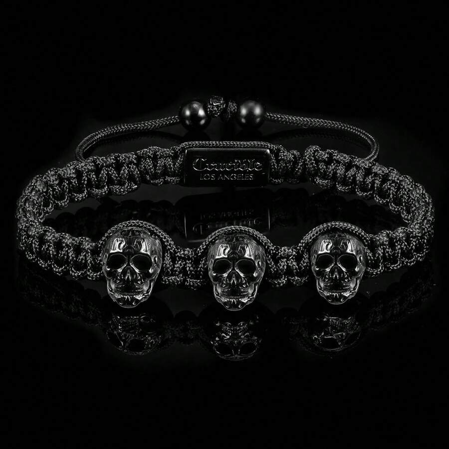 Men's Three Skulls On Shocker Tie Woven Adjustable Bracelet - Black - View 1