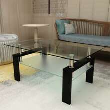 Dolonm Glass Coffee Table, 2 Layer Transparent Tempered Glass Coffee Table, Furniture Living Room, Rectangle Tempered Glass Coffee Table For Living Room, Dining Table, Rectangular Tempered Glass Top Metal Leg, Cocktail Table, For Home Office Or Conversation Leisure Occasions, Clear - 透明的 - 查看 1