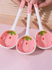 1/4/6/8/10 件粉色草莓陶瓷勺长柄汤勺家居用品勺甜点勺套装学校用品，返校，适合家庭聚会和圣诞节假期 - 彩色 - 查看 10