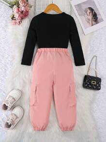 2 piezas Conjunto de sudadera de manga larga de unicolor acanalado y pantalones deportivos casuales con bolsillos para niña joven, otoño/invierno - Rosa - Ver 2