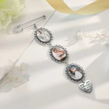 A Personalized Wedding Photo Brooch Pendant, A Custom Commemorative Photo Pin, A Blue Gemstone Lapel Pin, A Bridal Bouquet Pendant, And A Pin To Remember A Loved One. - Silver - View 6