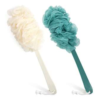 1 paquete Cepillo de espalda para ducha, cepillo de ducha de esponja Loofah con mango largo para exfoliar el Body, Loofah en un palo para hombres y mujeres, accesorios de baño para cepillos corporales (azul, blanco)