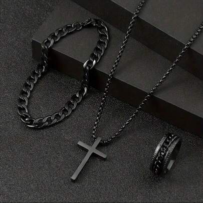 3pcs/Set Men's Multifunctional Alloy Jewelry Set Including Cross Pendant Necklace, Bracelet And Ring. Suitable For Men's Daily Wear Or As A Gift Fathers Day Gift School Jewelry Men Y2k Accessories Goth Men's Chains Jeans Accessories Gothic Jewellery Back To School Street Halloween Accessories Punk