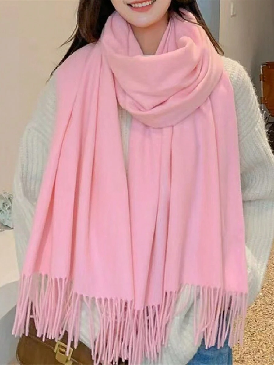 1 chiếc khăn choàng/khăn choàng tua rua bằng vải cashmere trơn màu dành cho nữ, dày và ấm, mùa thu/đông - Hồng - Xem 1