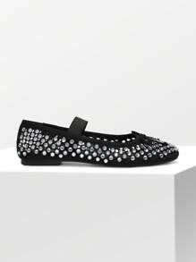 Women's Bow Knot Ballet Flat Mary Jane Round Toe Hot Diamond Hollow Out Upper Comfortable Fashionable All-Match Party Shine Dancing Flat Shoes - 黑色 - 查看 9