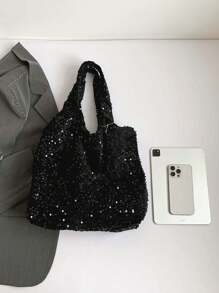 Korean Bling Bling Shoulder Bag, Large Capacity Gold Thread Sequin Bag With Unique Design, Tote Bag With Detachable Inner Pouch, Suitable For Work, Commute, Travel And School Use - Black - View 9