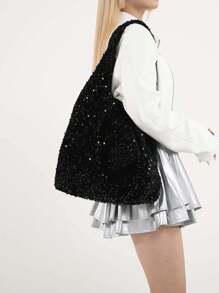Korean Bling Bling Shoulder Bag, Large Capacity Gold Thread Sequin Bag With Unique Design, Tote Bag With Detachable Inner Pouch, Suitable For Work, Commute, Travel And School Use - Black - View 5