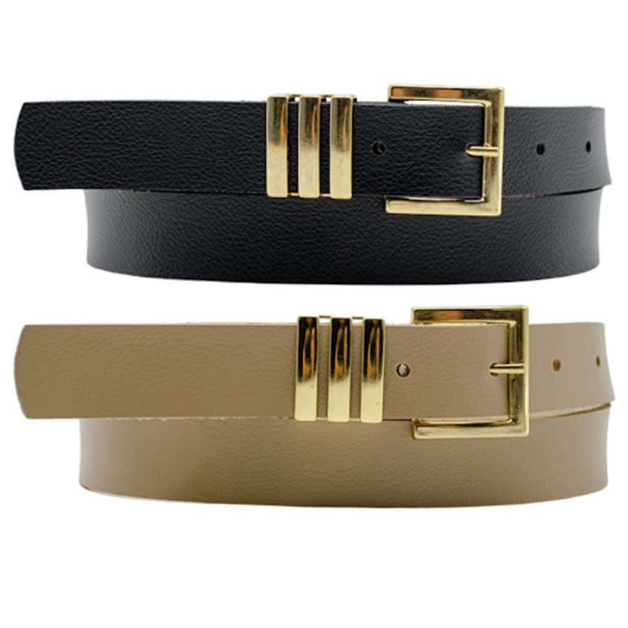 Kit 2 Women's Belt Square Gold Buckle Detailed Loop Current Fashion Winter Summer 96050K2 - 黑色和米色 - 查看 1