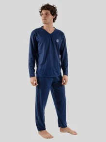 Men's Long Sleeve V-Neck Pajamas Comfortable Warm Sleepwear - Azul Marino - Ver 1