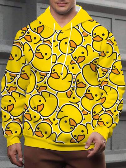 3D Printed Duck Hooded Sweatshirt For Plus Size Men, For Fall, Long Sleeve Top