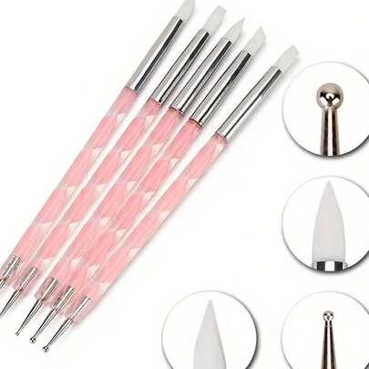 5 piezas Bolígrafos de silicona de doble punta para arte de uñas, 5 piezas Bolígrafos de silicona de doble cabeza para puntillismo acrílico, Herramientas de puntillismo de acero inoxidable, Bolígrafos para pintar con patrón de mármol
