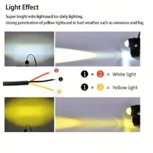 Heyword 2pcs White + Yellow Motorcycle LED Headlight Mini Driving Lamp Fog Light 12V/24V Universal Dual-Color Projector Lens With Switch, Fit For ATV Scooter Auxiliary Spotlight Motorcycle Accessories