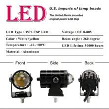 Heyword 2pcs White + Yellow Motorcycle LED Headlight Mini Driving Lamp Fog Light 12V/24V Universal Dual-Color Projector Lens With Switch, Fit For ATV Scooter Auxiliary Spotlight Motorcycle Accessories