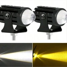 Heyword 2pcs White + Yellow Motorcycle LED Headlight Mini Driving Lamp Fog Light 12V/24V Universal Dual-Color Projector Lens With Switch, Fit For ATV Scooter Auxiliary Spotlight Motorcycle Accessories