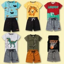 Children's Clothing - Kit With 10 Pieces Of Children's Clothing For Boys - 5 Shirts + 5 Shorts - Kit With 5 Sets Of Cotton Children's Clothing For Boys - Assorted Prints - 彩色 - 查看 1