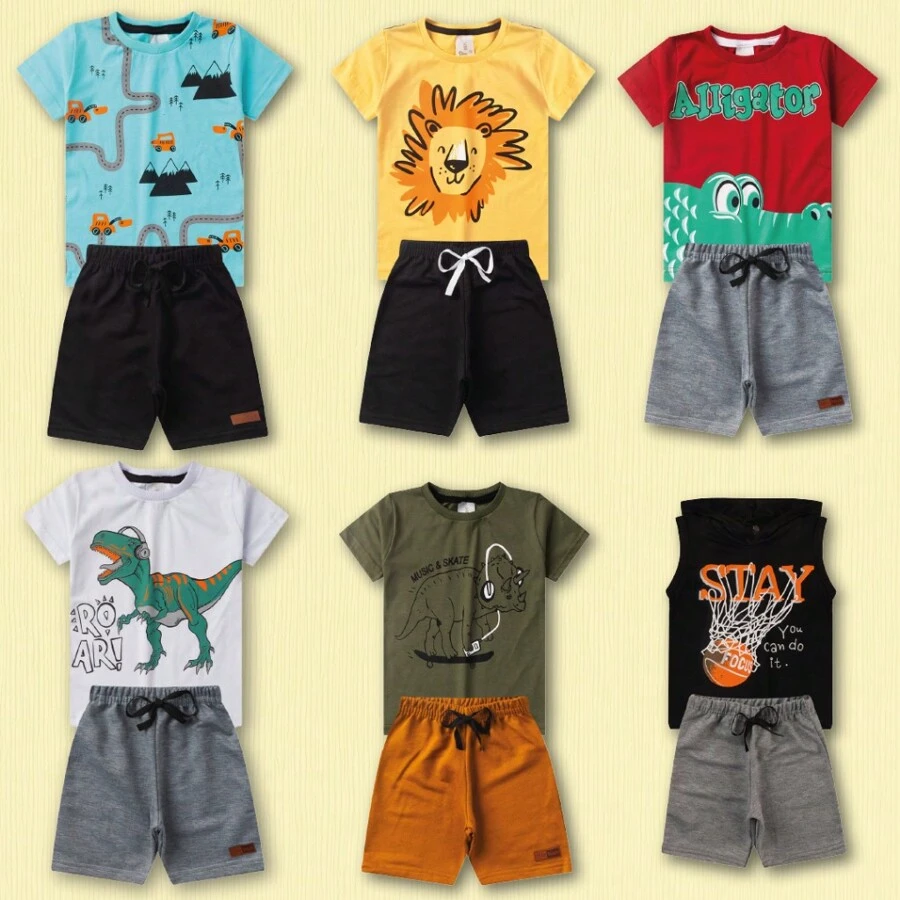 Children's Clothing - Kit With 10 Pieces Of Children's Clothing For Boys - 5 Shirts + 5 Shorts - Kit With 5 Sets Of Cotton Children's Clothing For Boys - Assorted Prints - 彩色 - 查看 1