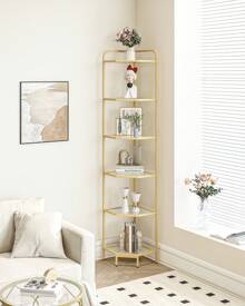HEXCELEN Corner Shelf Stand, Glass Bookshelf Bookcase, Bathroom Organizer, Plant Stand, Steel Frame, Tempered Glass, Modern Style For Living Room, Bathroom, Kitchen, Room Deocr, Home Decor, 5/6-Tier Golden - 金色 - 查看 2
