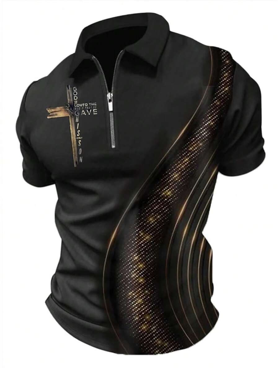 Men's Summer Black & Gold Cross Print Polo Shirt Half-Zip Collared Short-Sleeve Slim-Fit Top Gold Texture Breathable Fabric For Casual Faith-Themed Outfits