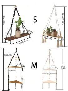 1pc Rope Woven Wall Hanging Shelf, Home Decor Item Wall Mounted Rack, Woven Wall Hanging Storage Shelf, Wooden Board For Plants, Boho Rope Handwoven Storage Rack In Rectangle & Triangle Shapes