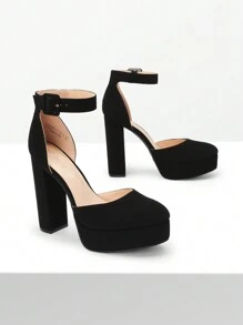 Women's High Chunky Heels Pumps Elegant Solid Color Platform Ankle Strap Dress Round Closed Toe Wedding Party  Fashionable Comfortable Shoes - ĐEN/NUBUCK - Xem 5