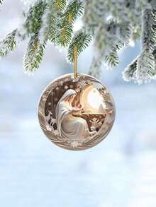 1pc 2D Single-Sided Acrylic Round Nativity Scene Pendant, Christmas Tree Decoration Home Decor Gift, Flat Acrylic Hanging Ornament, Suitable For Car Rearview Mirror, Perfect For Family And Friends, Daily And Family Gatherings - Beige - View 6