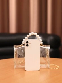 Women Transparent Minimalist Handbag With Faux Pearl Decor - Clear - View 4